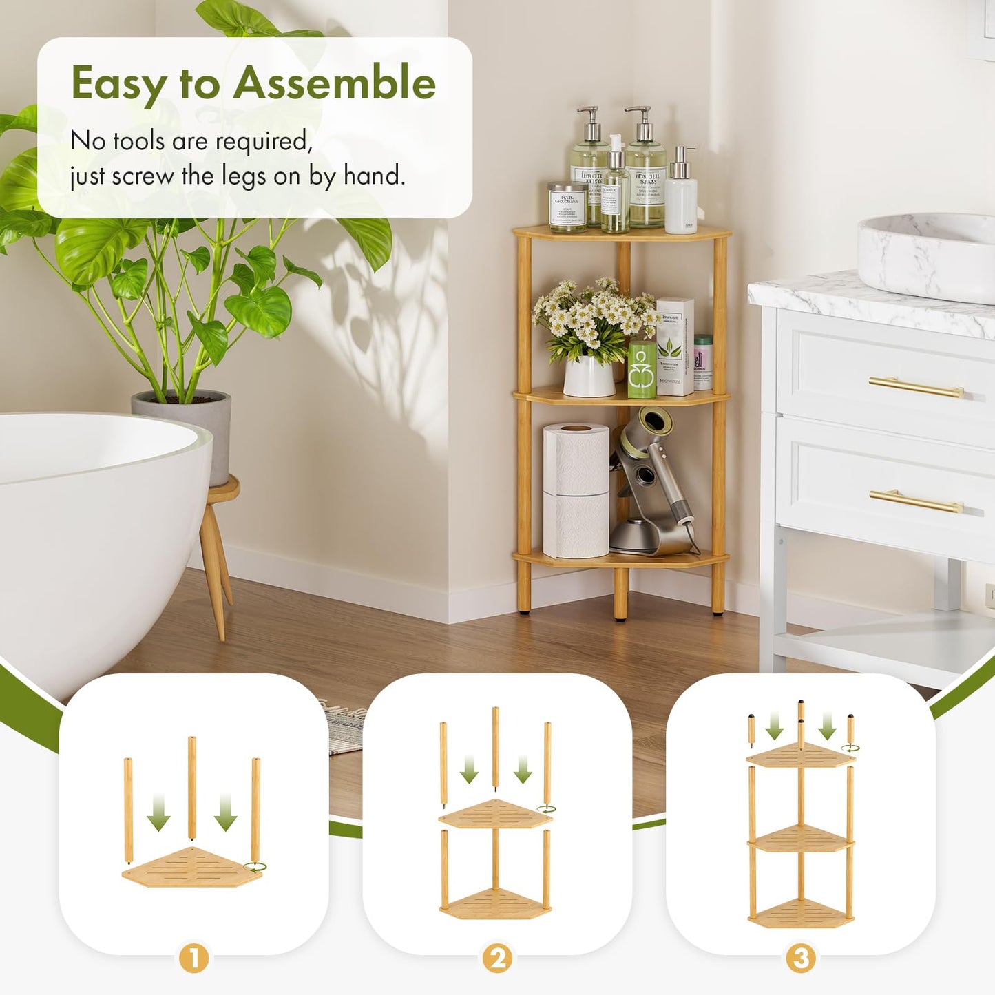 Atoping 3 Tier Bamboo Corner Shelf, Storage Stand with Adjustable Feet, Small Space Corner Bookcase, Outdoor Plant Stand, Space-Saving Organizer for Bathroom Kitchen Living Room