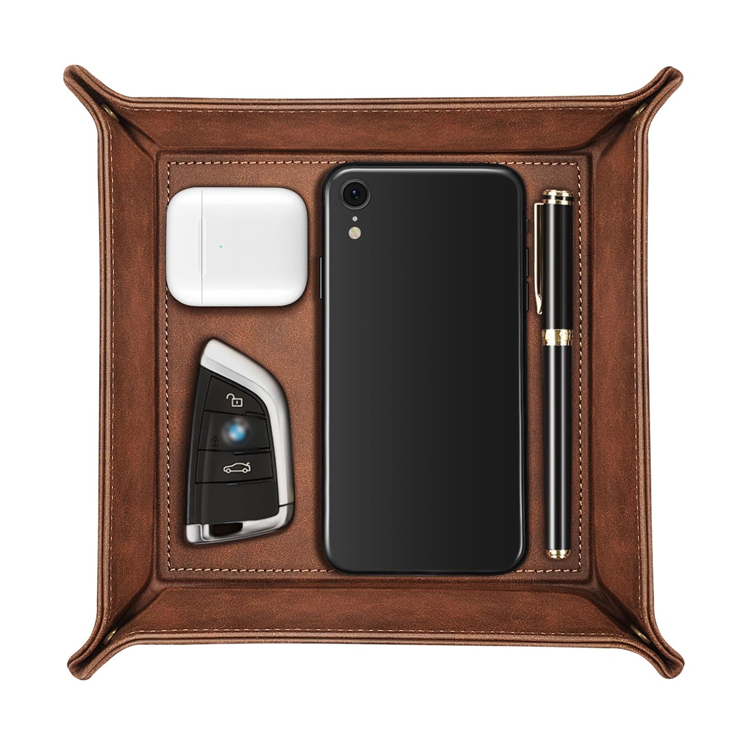 SITHON Valet Tray Desktop Storage Organizer – Premium PU Leather Catchall Bedside Vanity Tray Nightstand Caddy Holder for Keys, Phone, Wallet, Coin, Valentine's Day Gift, Brown