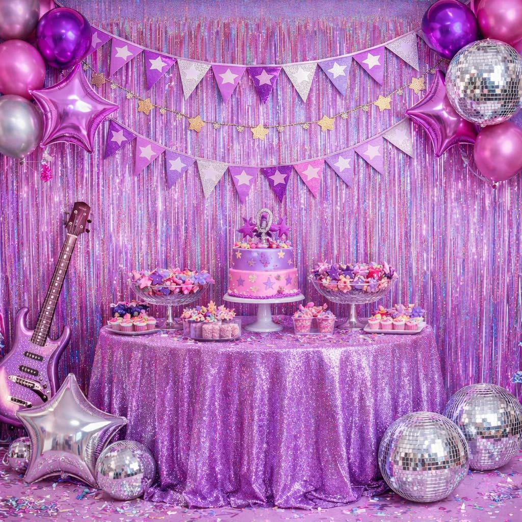 Melsan 2 Pack 3.2 ft x 8.2 ft Tinsel Foil Fringe Curtains Backdrop, Sparkle Metallic Foil Curtains for Party Photo Booth Props Decoration, Pinkish Purple