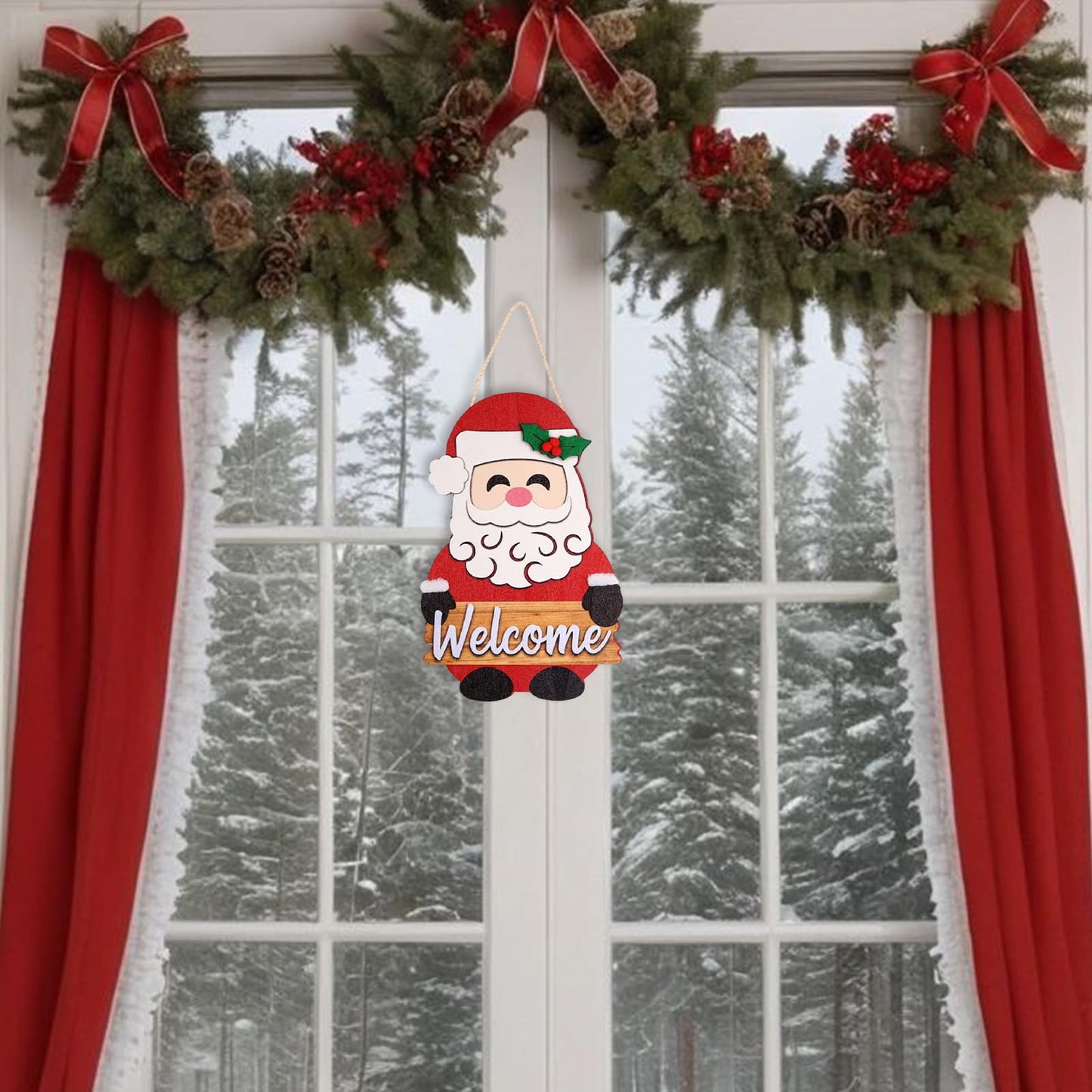 Christmas Welcome Sign - Santa Claus Christmas Door Hanger - Winter Wooden Decor for Tree, Front Door, Porch, Wall, Party Decorations