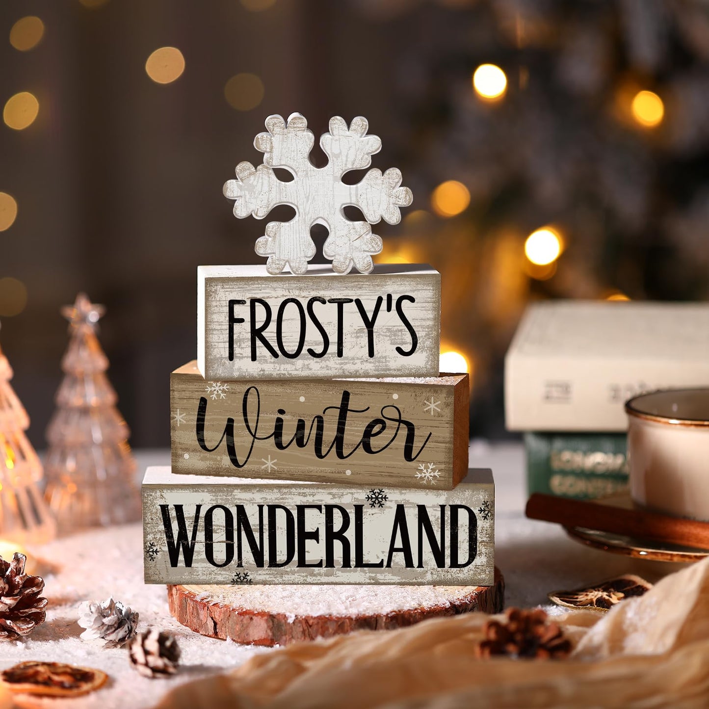Lineshading 4 Pcs Winter Table Decorations Wooden Snowflake Decor Winter Tiered Tray Decor Rustic Snow Block Signs Gift Farmhouse Snowflake Table Centerpiece for Wonderland Party Kitchen Home