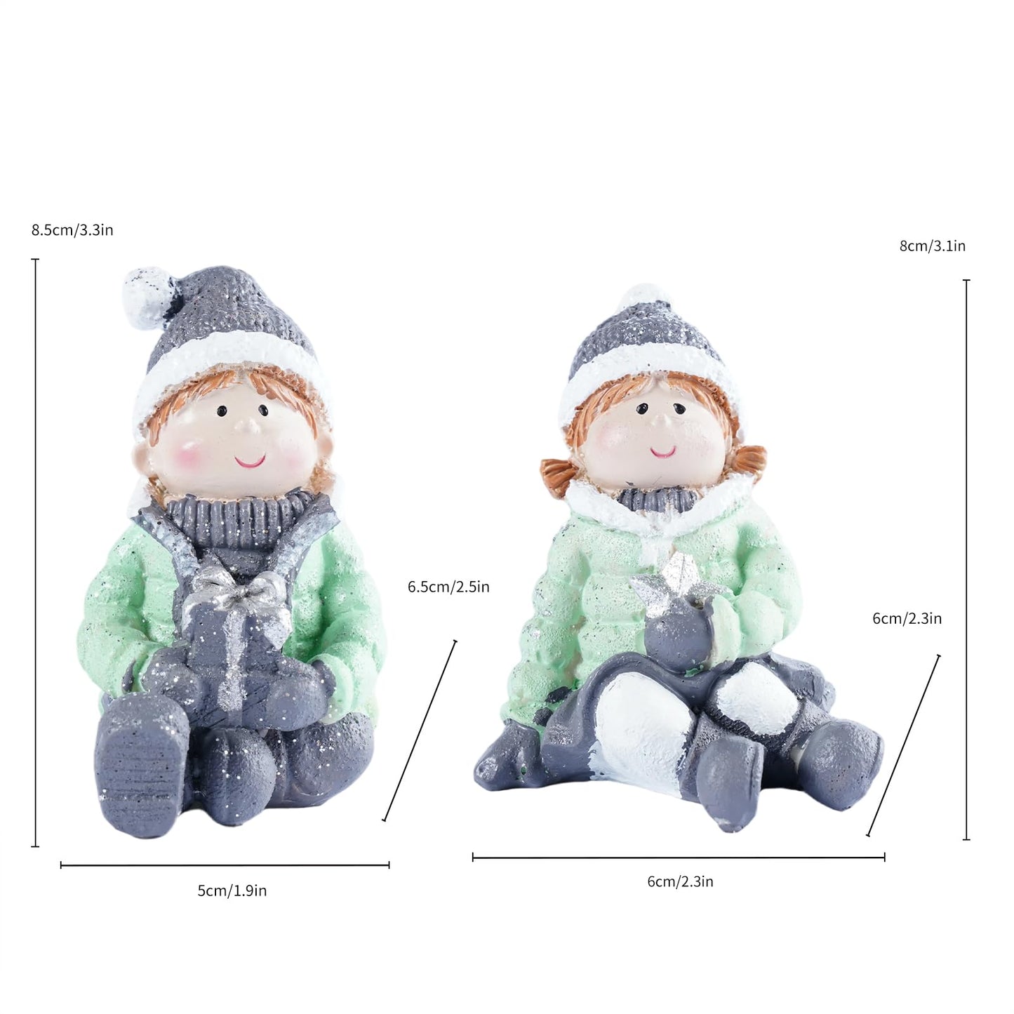 Brizoria Christmas Mini People Figurines Set of 2 Boy and Girl Winter Decorations Indoor Resin Little People Figures Miniature Figurines for Holiday Tabletop Diorama Crafts