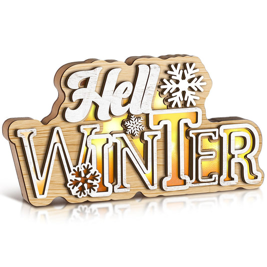 Glooglitter Hello Winter Snowflake Wooden Tabletop Decoration Winter Sign LED Snowflake Centerpiece Wood Plaque Freestanding Wood Sign for Xmas Table Party 13.8 x 3.5 Inch