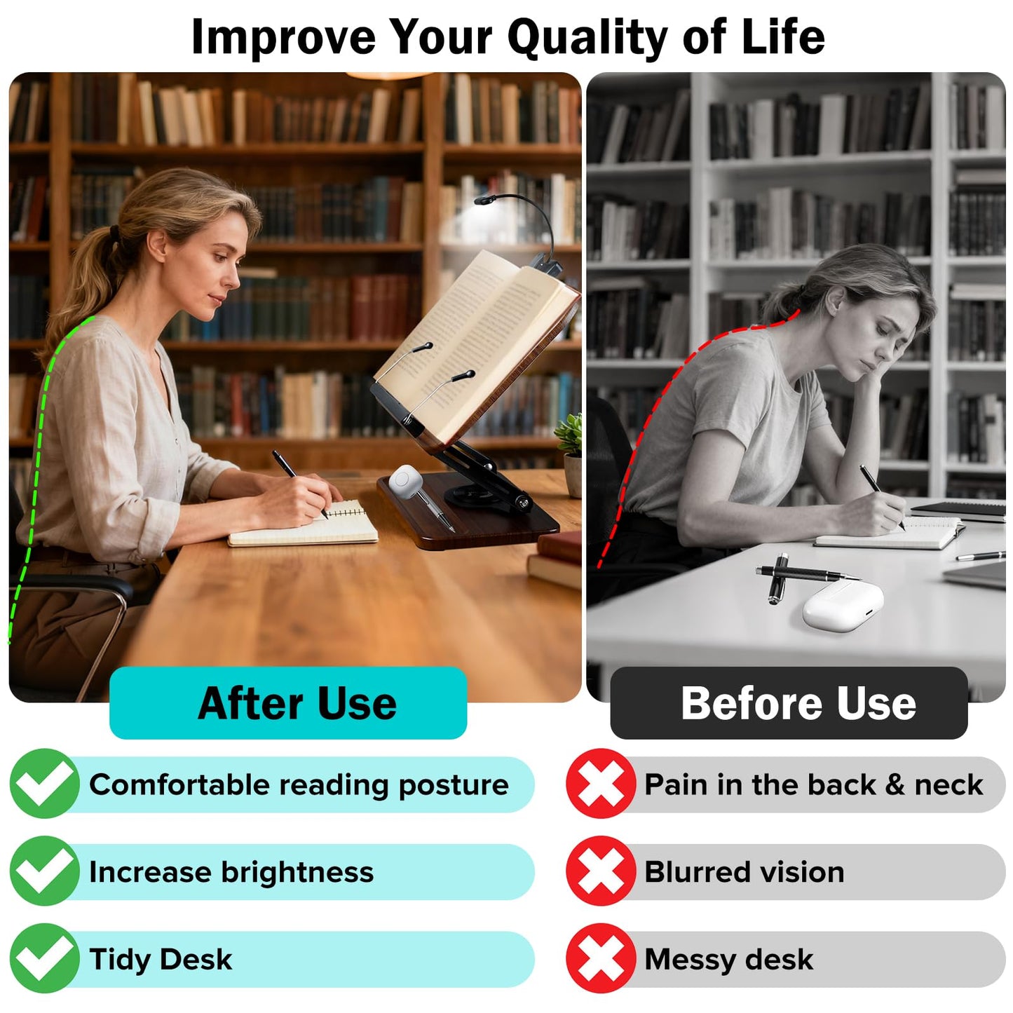 UikJOY Book Stand with Light & Storage, Book Holders for Reading Hands Free, Wooden Cookbook Stand with Adjustable Height & 360 °Angle for Recipe,Magazine,Laptop,Tablet, Bible