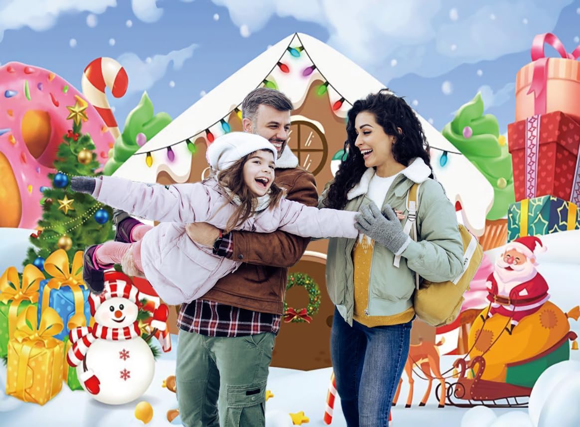 CRTPOD Christmas Backdrop Winter Gingerbread House Xmas Tree Snowman Gifts Background New Year Photography Banner for Birthday Christmas Party Decorations Supplies Photo Photobooth Props 7x5ft