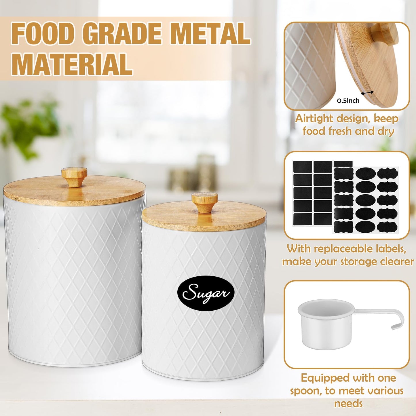 Teenyyou Metal Kitchen Canisters Set with Bamboo Lids and Spoon Airtight High Capacity Coffee Tea Sugar Flour Jars with DIY Labels Farmhouse Extra Large Storage Containers for Kitchen (2 Set,2 Sizes)