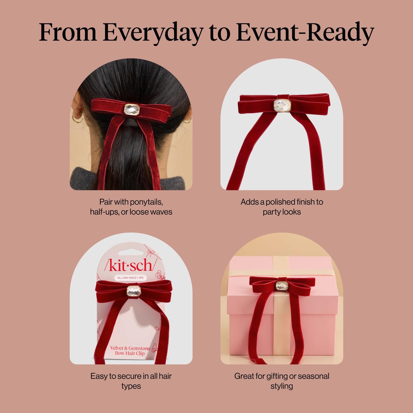 Kitsch Velvet Bow Hair Clip with Gemstone – Red Duckbill Hair Clips for Women | Lightweight, Comfortable, Secure Hold | Perfect Hair Accessories, Gifts for Women