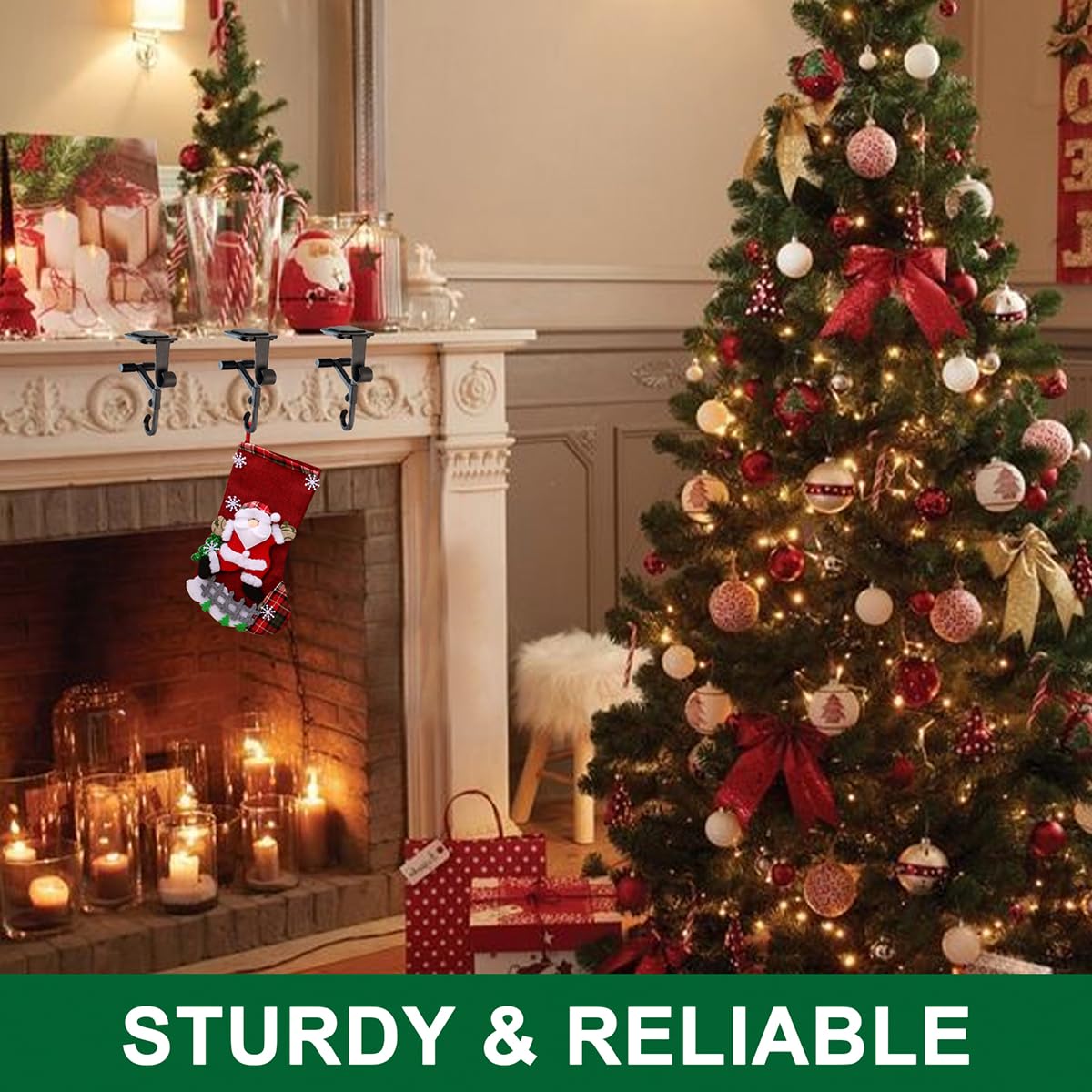 ATRGDUE ATRGDUEFireplace Stocking and Garland Hanger with Two Hooks,Adjustable Mantle Holder- Hold Christmas Decoration and Hang Garland-No Drill,Durable Wrought Iron Holds Up to 20 lbs (3Pcs,Black)