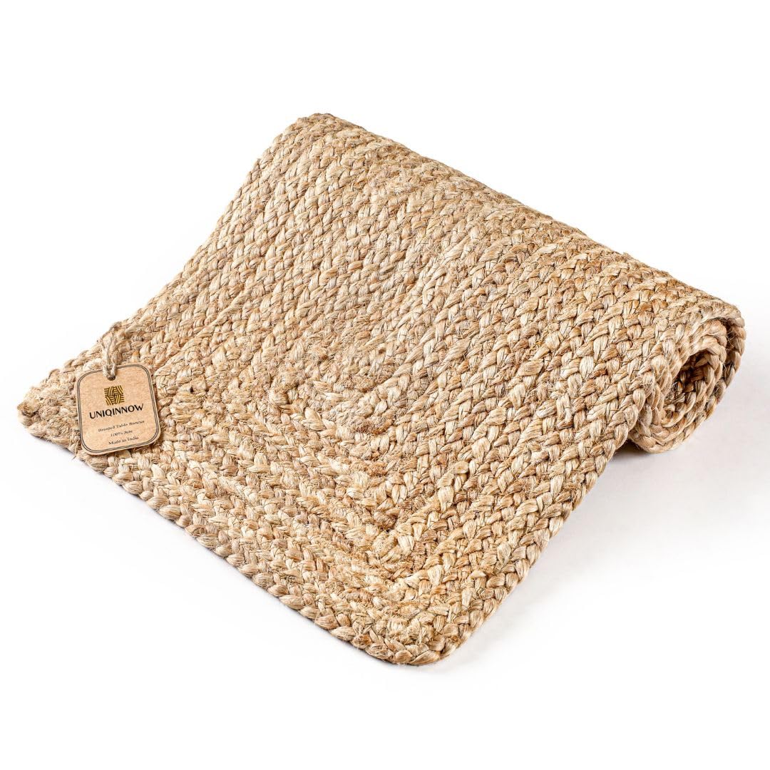 UNIQINNOW Farmhouse Jute Burlap Braided Table Runner 36 inches Long, 13x36 Natural Jute Braided Table Linens, 100% Jute Handcrafted Rustic Vintage Dining Table Runner Natural