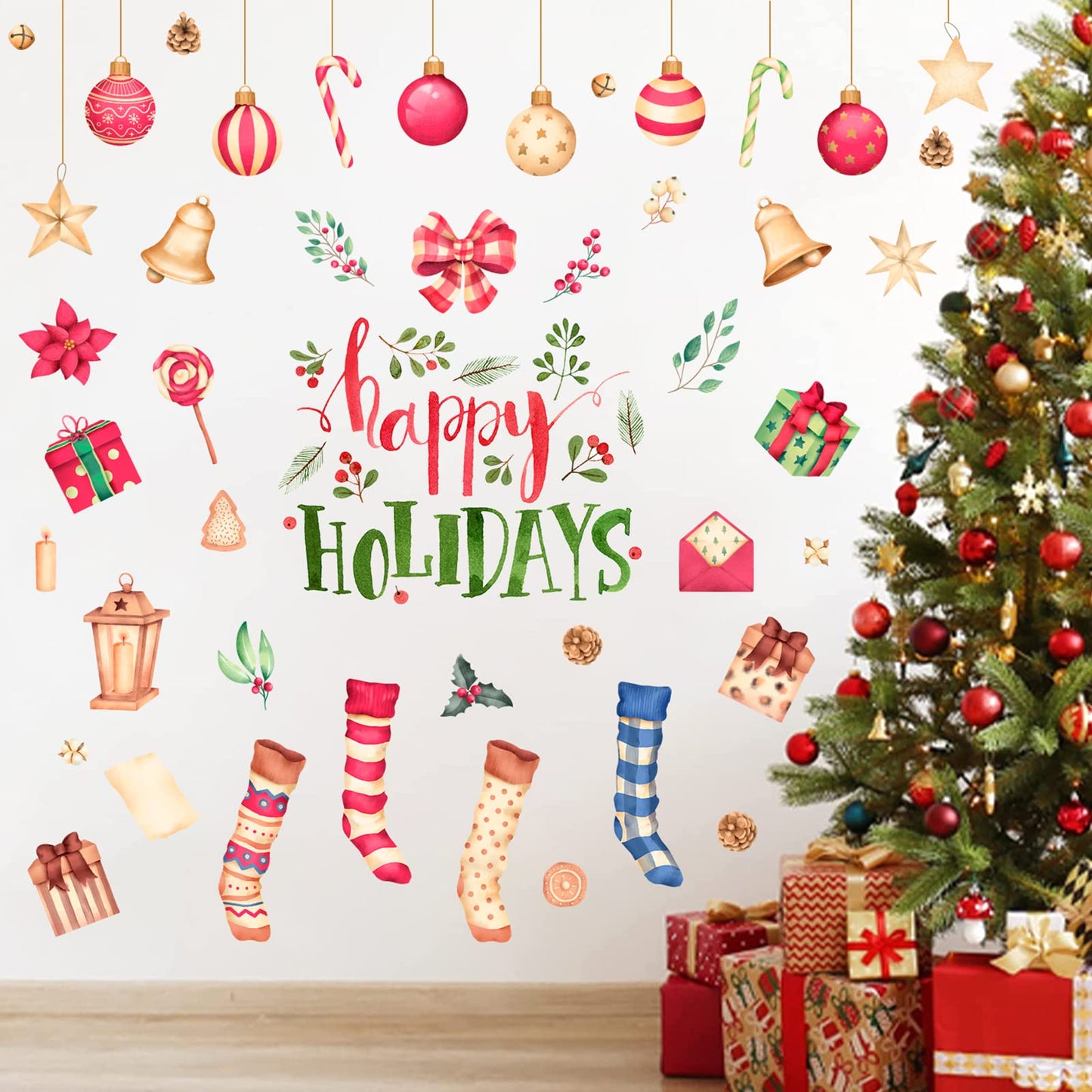 Happy Holiday Wall Stickers Christmas Window Stickers with Socks Candy Copper Bell Decals Removable Vinyl Wall Decals Window Xmas Self-Adhesive Holiday Home Decoration