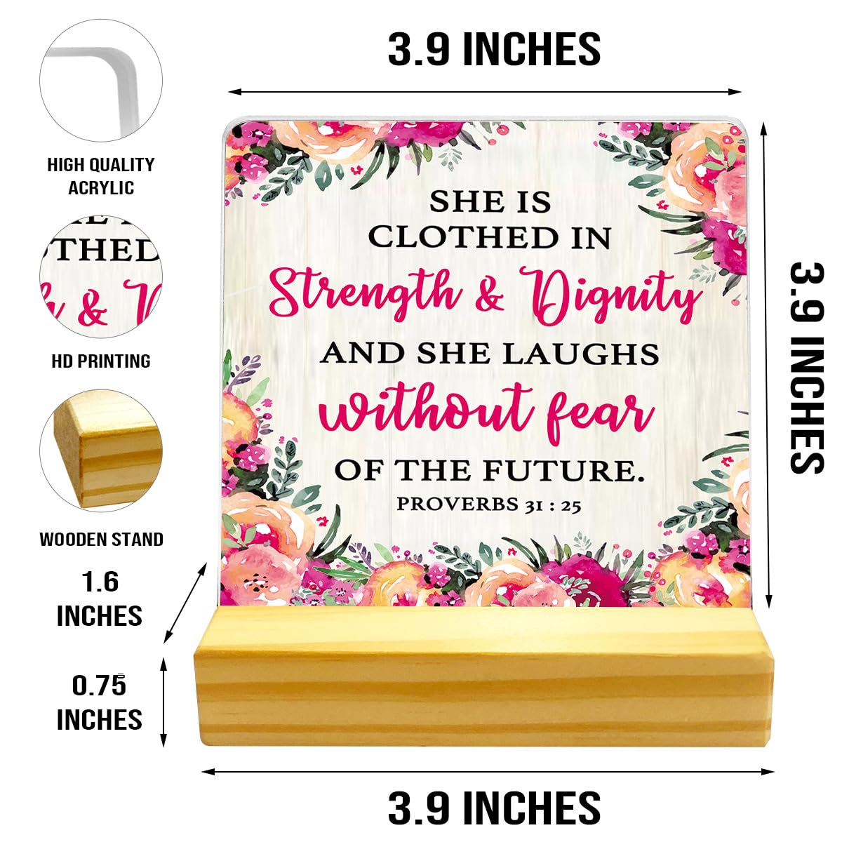 Christmas Gift For Women, Birthday Thanksgiving Christmas Gift, Acrylic Plaque With Wooden Stand Desk Decor, Proverbs 31:25 She Is Clothed In Strength And Dignity Sign