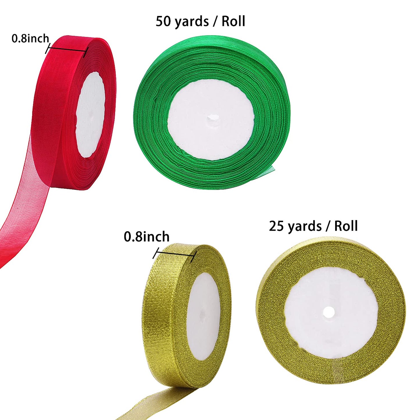Livder 4 Rolls 4/5 Inch in Width Christmas Metallic Glitter Organza Ribbons Golden, Silvery, Red, Green Ribbon for Gift Wrapping, Christmas Tree Room Decoration