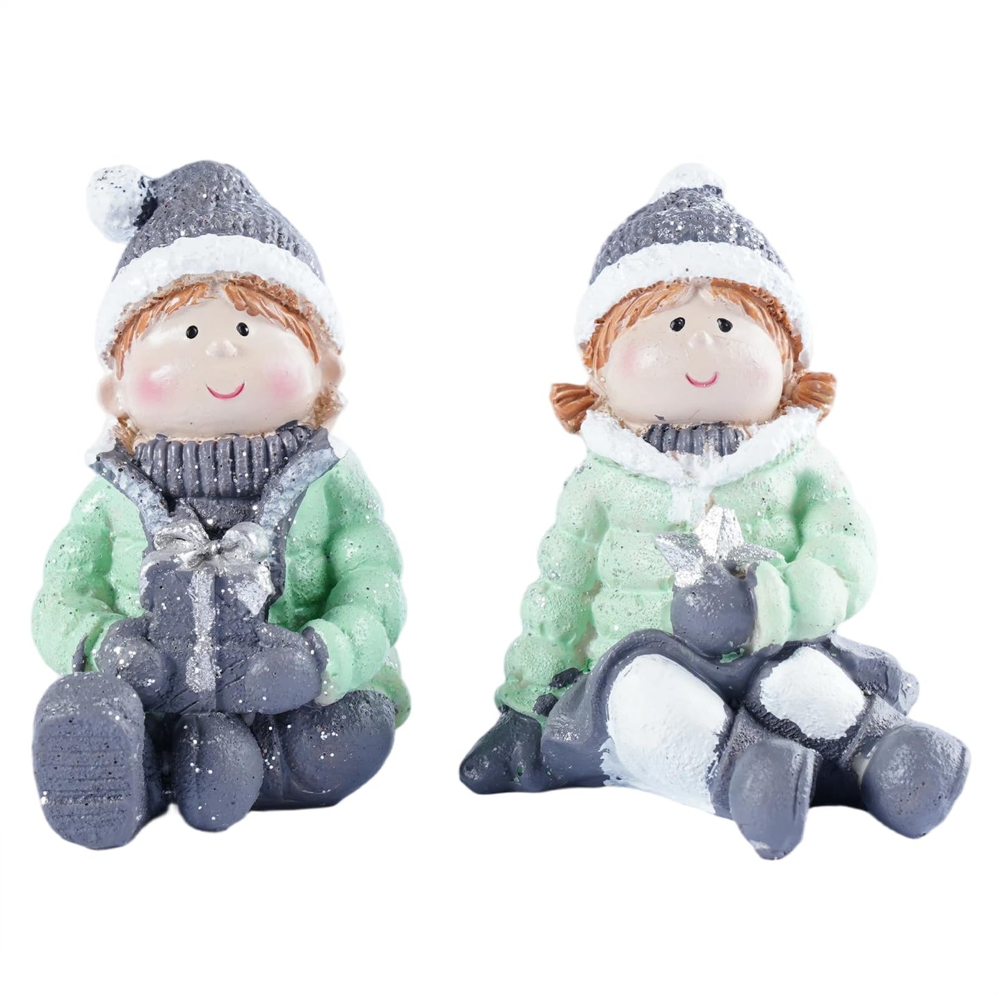 Brizoria Christmas Mini People Figurines Set of 2 Boy and Girl Winter Decorations Indoor Resin Little People Figures Miniature Figurines for Holiday Tabletop Diorama Crafts