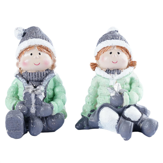 Brizoria Christmas Mini People Figurines Set of 2 Boy and Girl Winter Decorations Indoor Resin Little People Figures Miniature Figurines for Holiday Tabletop Diorama Crafts