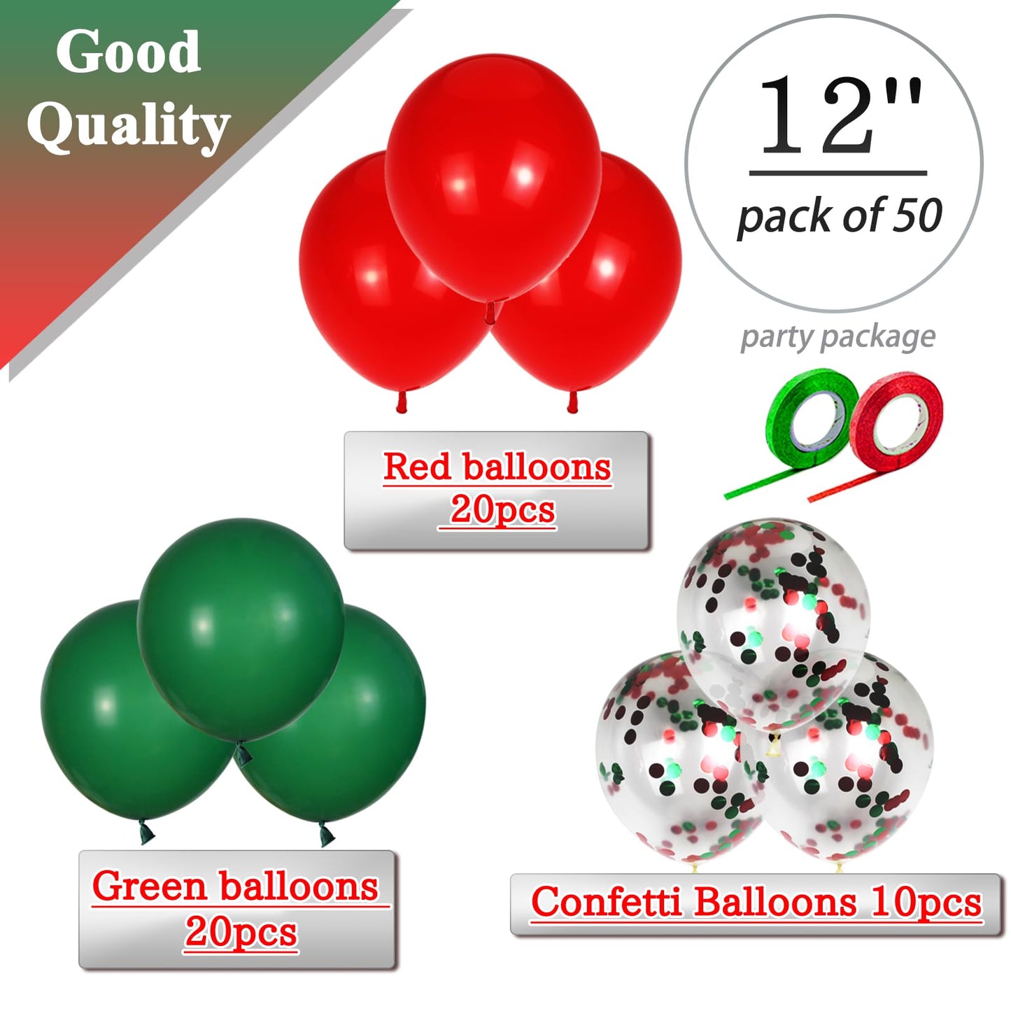 Red and Green Balloons 50 Pcs 12 Inch Christmas Latex Balloons Set Green Red Confetti Balloons with 2 rolls of ribbon for Christmas Holiday Party Decoration