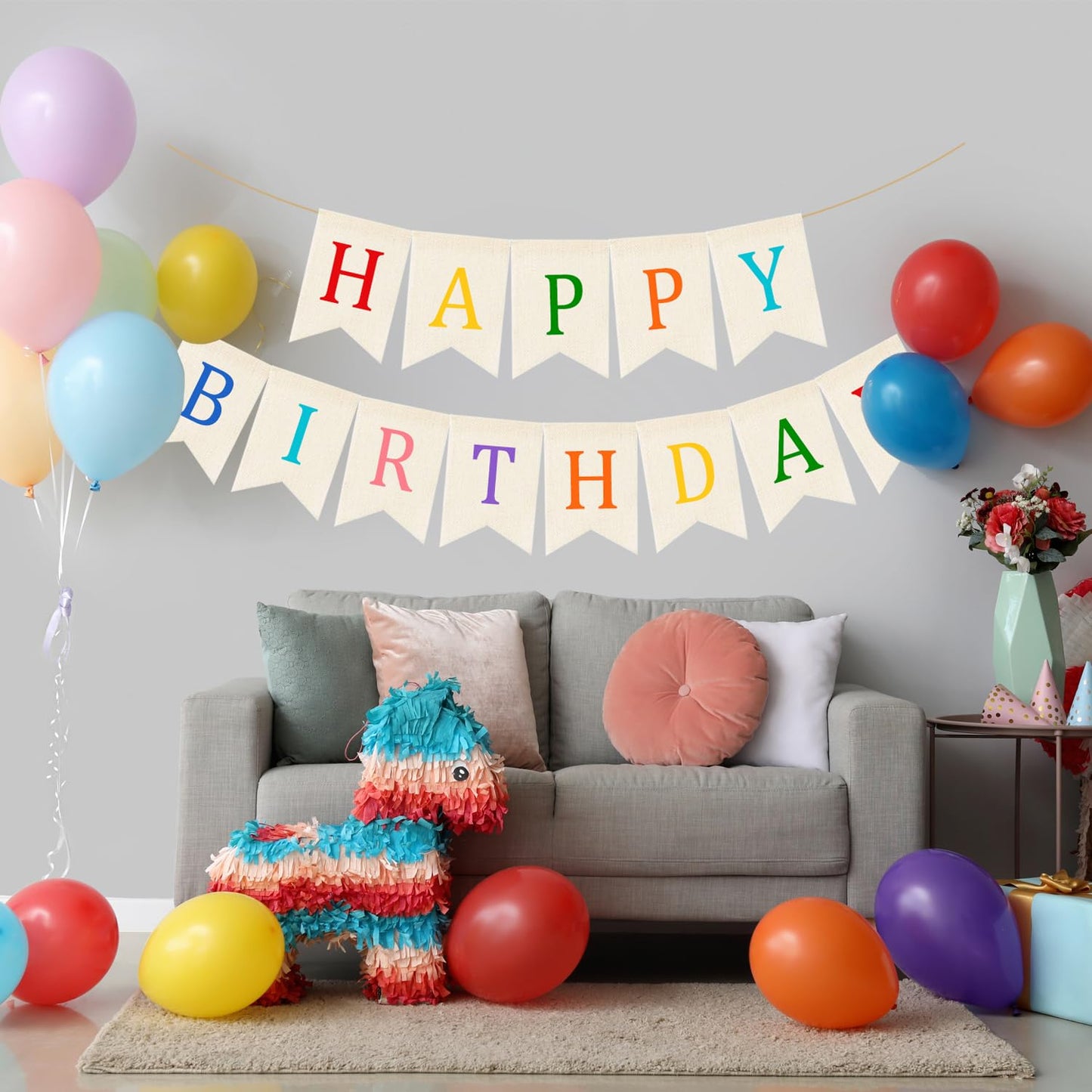 Doumeny Happy Birthday Burlap Banner Boho Birthday Garland Banner Rainbow Bohemian Bunting Garland White Birthday Hanging Bunting Multicolor Birthdays Sign Party Flag for Home Mantel Fireplace Nursery