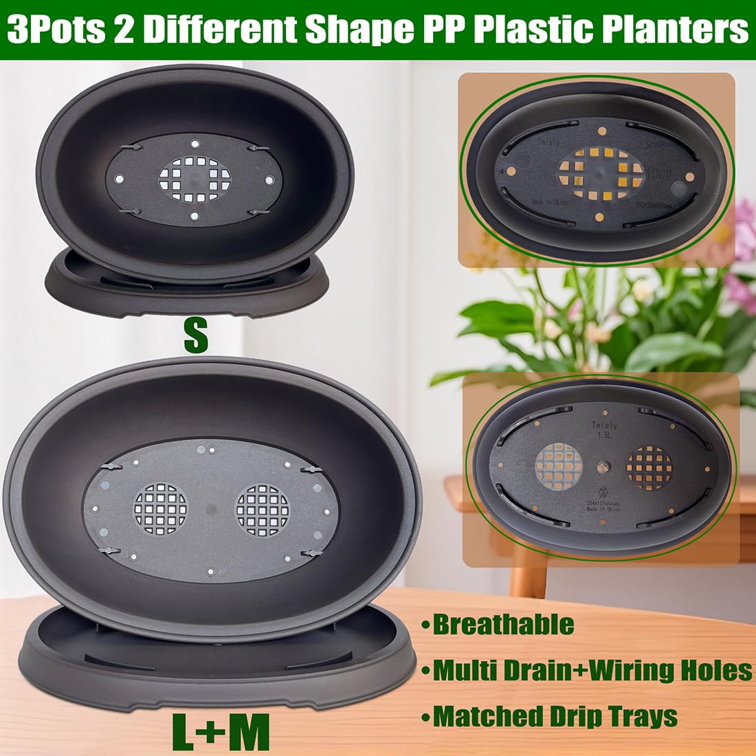 MUZHI 3 Pack Mixed Size Oval Bonsai Planter Pot with Drainage Tray, Matte Finish Ellipse Plastic Bonsai Succulent Growing Pot for Home Garden Plant Container 9.1” 7.2” 5.2”