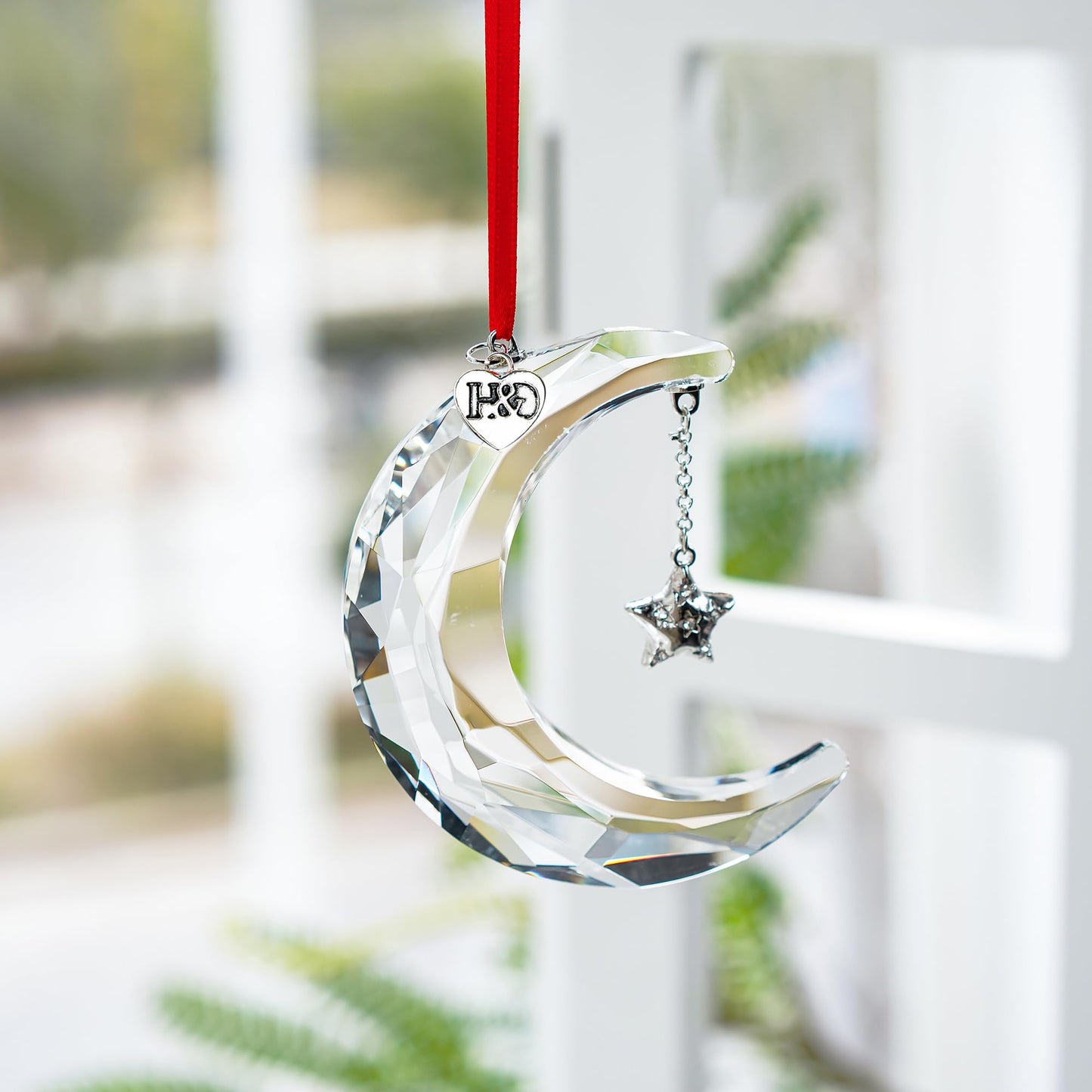 H&D HYALINE & DORA 2026 Christmas Moon Ornament Crystal Christmas Moon Hanging Ornament Clear Crystal Suncatcher Ornament for Xmas Winter Party Home Decor