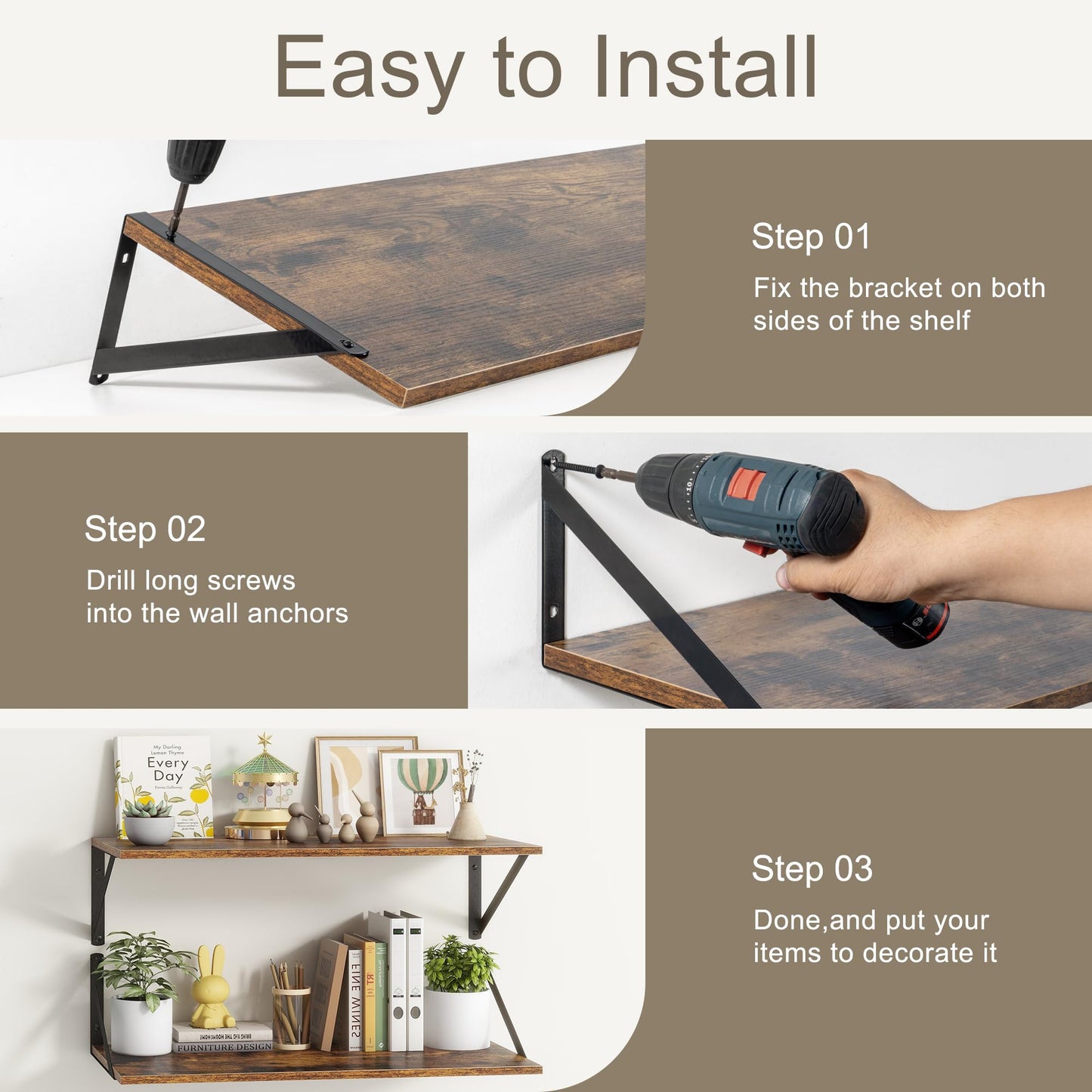 Deep Floating Shelves for Wall, 12 Inch Deep Floating Shelves Set of 2, 16"W x 12"D Wall Shelf, Wide Display Ledges Shelves for Bedroom, Bathroom, 12 Deep Bookshelf Wall Mounted - Rustic Brown
