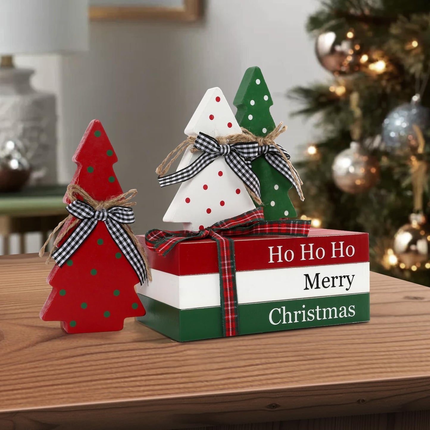 Christmas Decoration 6PCS Table Centerpieces, Tabletop Christmas Decor for Tiered Tray Shelf Mantel Fireplace Coffee Bar Office Desk Farmhouse Xmas Holiday Decoration Wood Faux Book and Tree Sign