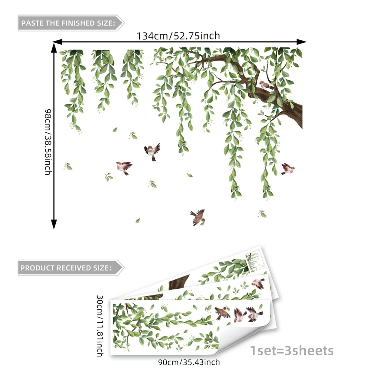 Lilac Wall Decoration Large Green Tree Wall Stickers, 3 Sheets Hanging Vine Tree Wall Decals Peel and Stick Leaves Branch Wall Murals Decor for Living Room Bedroom (Green, 11.8 * 35.4inch)