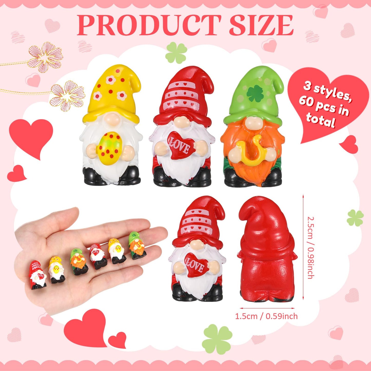 Qunclay 60 Pcs Mini Gnome Figurines, St. Patrick's Day and Easter Spring Decor, Shamrock Egg Heart Theme Resin Tabletop Ornaments for Tiered Tray, Home Table, Party Favors