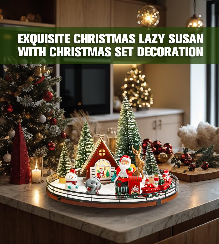 AMH 12 PCS Christmas Table Decorations Set with Oak Rotating Base – Xmas Town Village Centerpiece with Santa, Train, House, Trees & Figurines, Tabletop Decorations for Holiday Dining & Coffee Tables