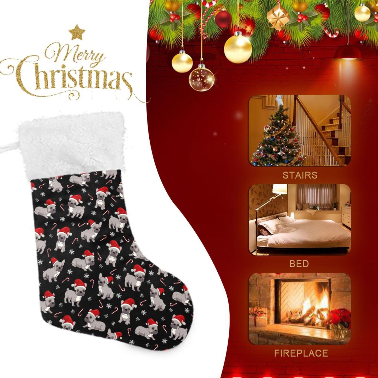 JUDIAN Christmas Stocking 18 inch with White Cuff, Classic Hanging Stockings Xmas Stockings Ornament Gifts for Fireplace Mantel, Holiday Decorations for Family, Party, Gift Giving (1 Pcs)