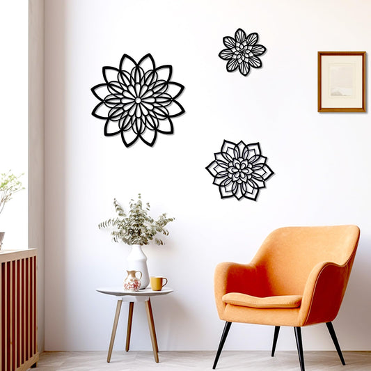 Zzbakress 3 Pieces Metal Flowers Wall Decor, Black Wall Decors, Flower Art Wall Decor Farmhouse Wall Decoration Multiple Flowers Hanging Decor for Bathroom Living Room Garden Office (Black Elegant)