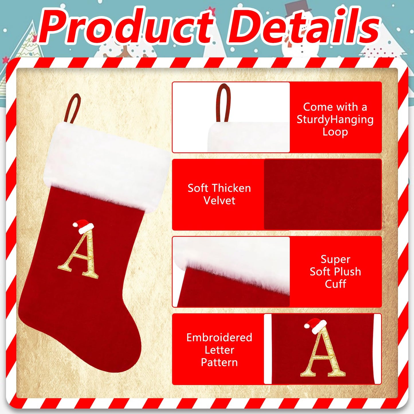 Eoocan 20 Inches Monogram Christmas Stockings Red Velvet with White Super Soft Plush Cuff Embroidered Xmas Stockings Classic Personalized Stocking Decorations for Family Holiday Season Decor(Letter A)