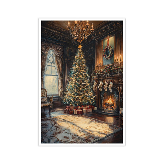 Medpol Vintage Christmas Poster Wall Art Fir Tree With Garlands Stockings Hanging Fireplace Balls Gift Boxes Winter Room Art Decor Holiday Decoration Gifts 12x18inch Unframed