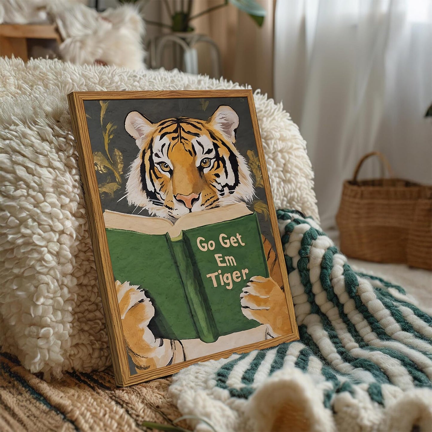 Framed Funny Tiger Wall Art, Motivational Animal Reading Wall Decor Paintings, Eclectic Go Get Em Tiger Canvas Prints Pictures Home Decor for Living Room Bedroom Dorm Office 12x16 inch
