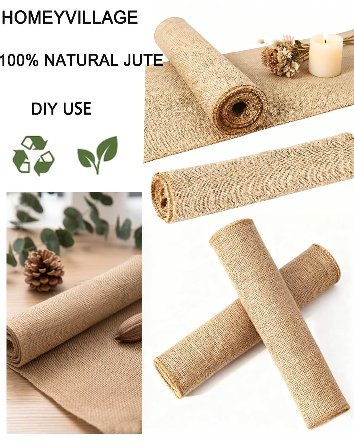 Burlap Table Runner 12×108 Inch – Rustic Jute Fabric Roll with No-Fray Edges – Natural Farmhouse & Wedding Table Décor – Eco-Friendly Hessian Cloth for Parties & DIY Crafts