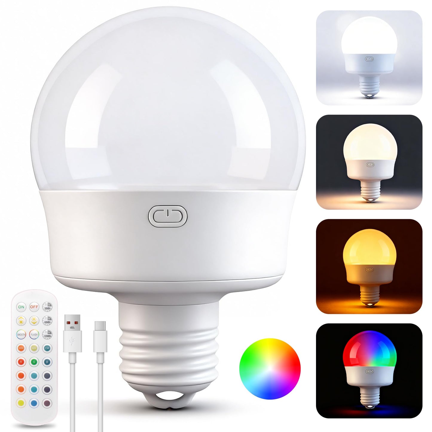 Rechargeable Battery Operated Light Bulbs, E26 Screw in (Magnetic Detachable) Light Bulb for Lamps with Remote Control Dimmable＆Timer, Wireless Puck Emergency Lamp for Non-Hardwired Wall Sconce