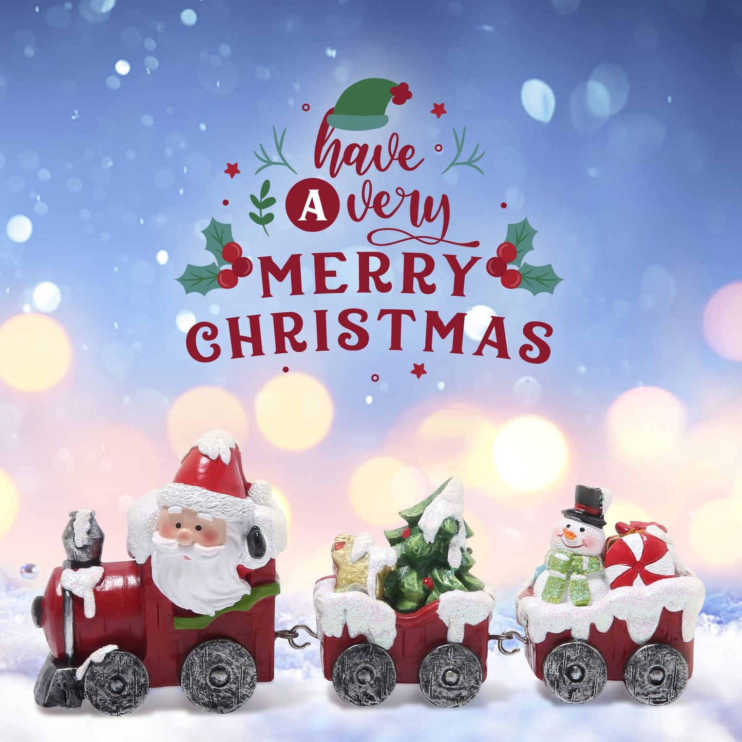 Hodao Christmas Train Figurines with Santa, Tree & Snowman – Mini Resin Tabletop Decorations for Home, Indoor Holiday Decor, Lovely Ornaments & Gift