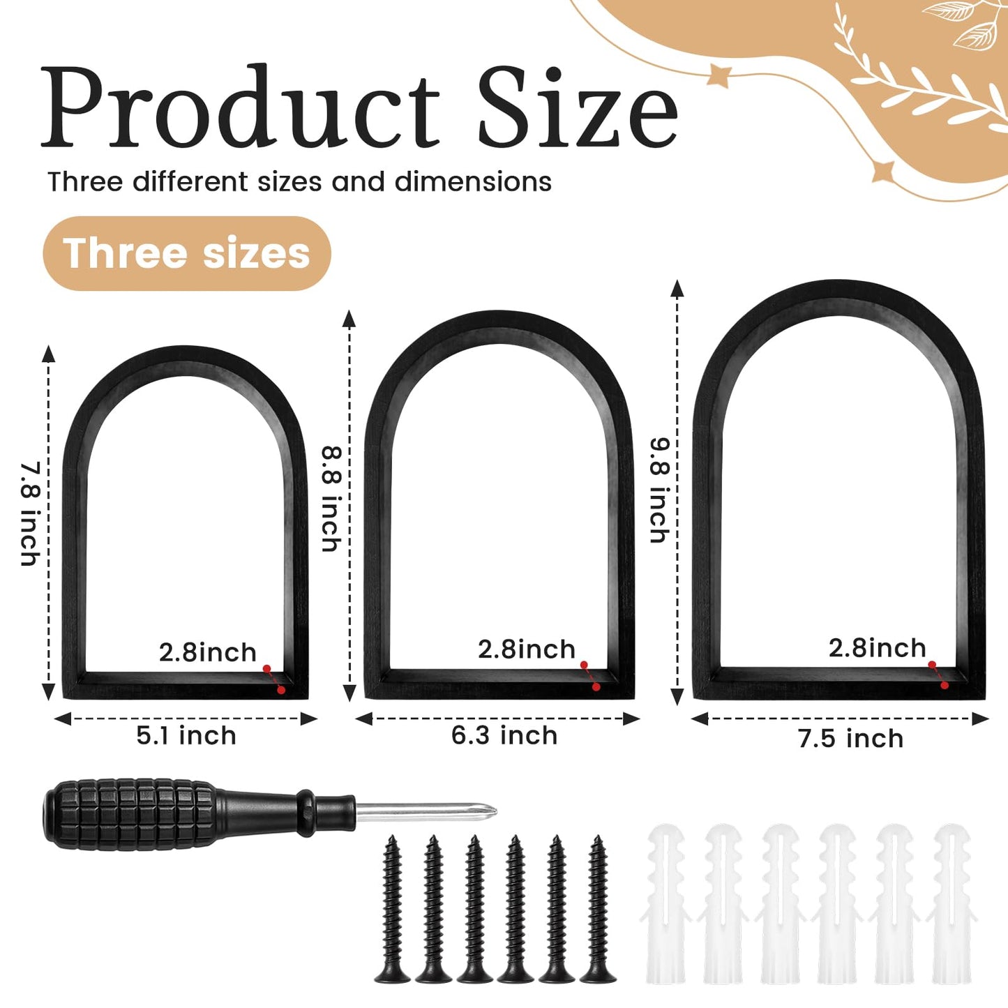 Threehoney 3 Set Wall Shelf 9.8 x 7.1 Inch Wooden Hanging Shelf Deep Display Storage Shelves Floating Shelves for Home Office Room Mini Figures Potted Plants Wall Decor(Arched,Black)
