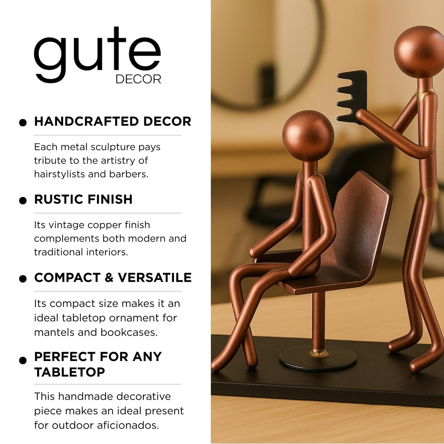 GUTE Hairdresser Craft Handmade Figurine 4.25" L x 4.25" H Recycled Metal Sculpture & Hand Welded Bronze Finish Art Gift Barber Shop Decor, Salon Desk Accessories & Hairstylist Appreciation Gifts