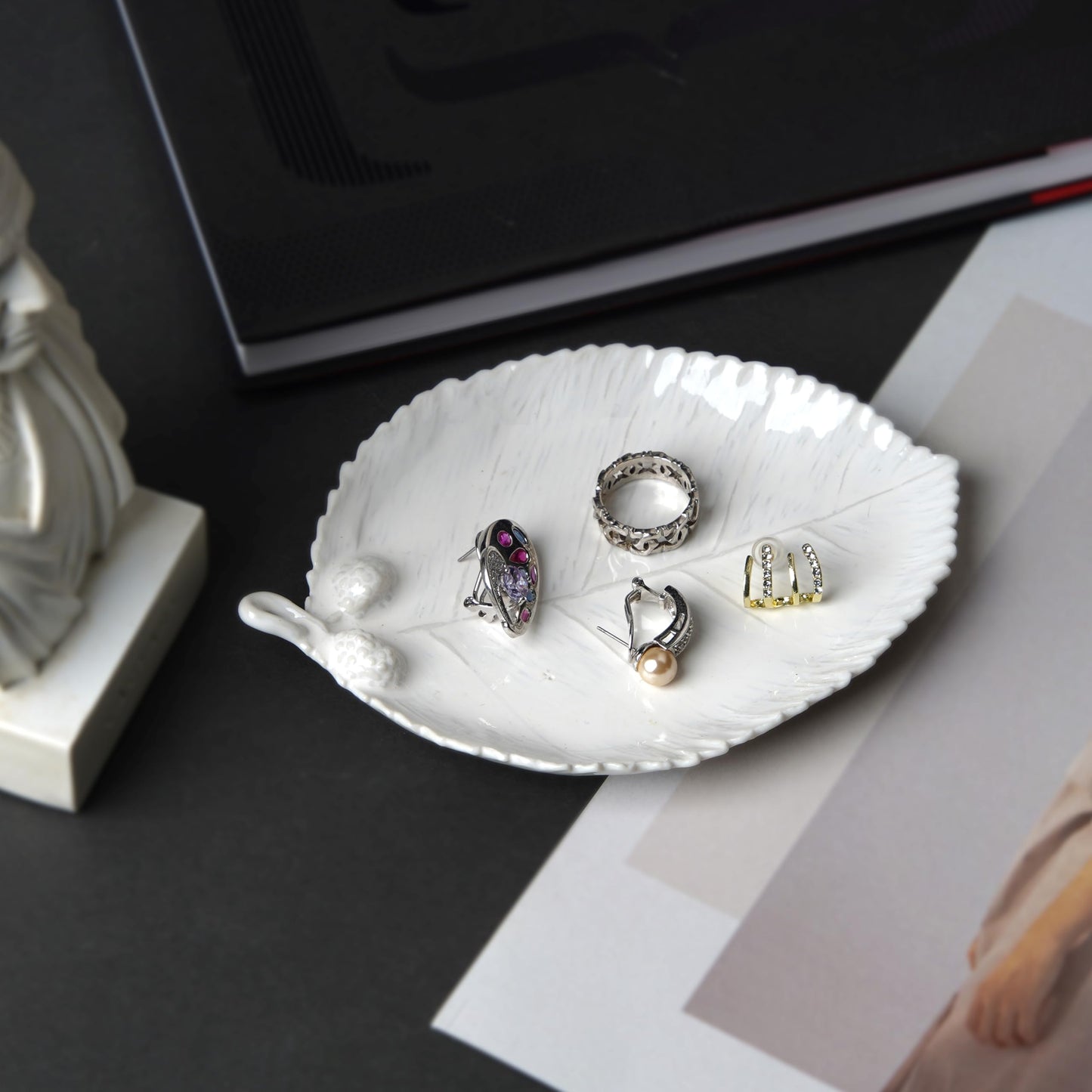Ceramic Jewelry Dish, Decorative Tray for Rings Earrings Necklaces Bracelet Watch Keys, 4.50" Trinket Tray as Gifts for Women (White Leaf)