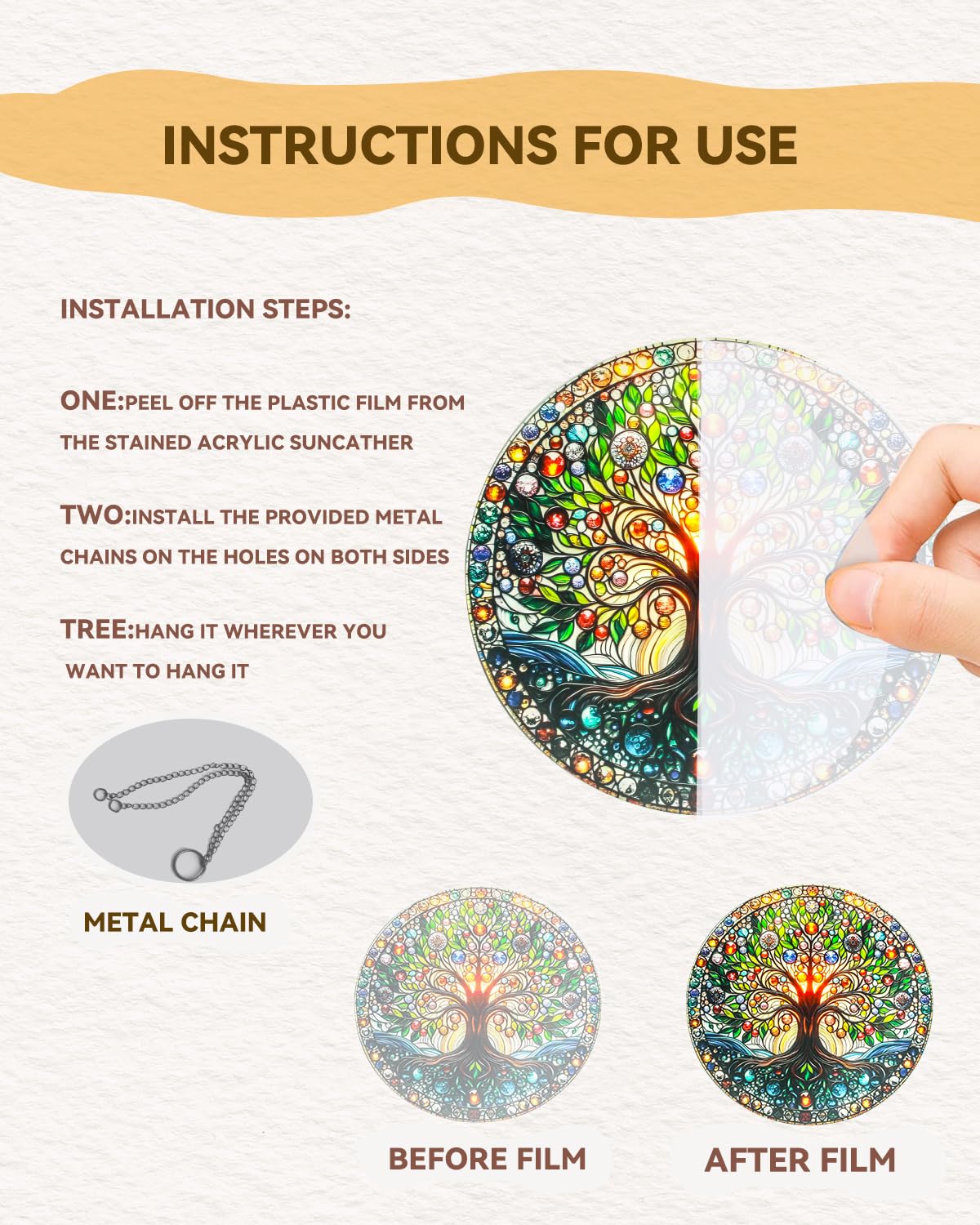 Stained Acrylic Window Handing-Life Tree Suncatcher for Window Doors,Home Decoration,Christmas,Thanksgiving Day,Mother's Day Birthday Gift for Women,Men,and Mom(7.8In)