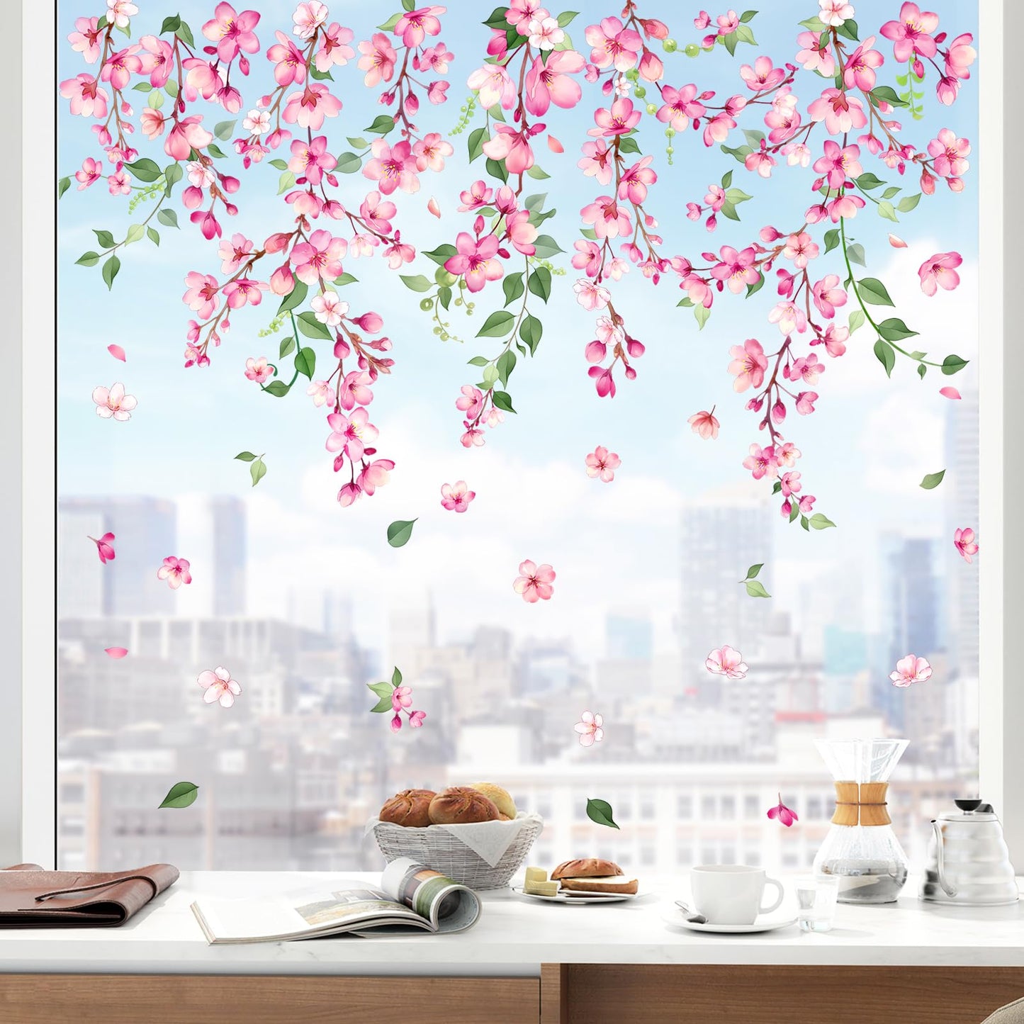 Supzone Spring Cherry Blossom Flowers Window Clings Valentine's Day Pink Hanging Flower Window Decals Anti-Collision Static Stickers for Women Girls Room Decor