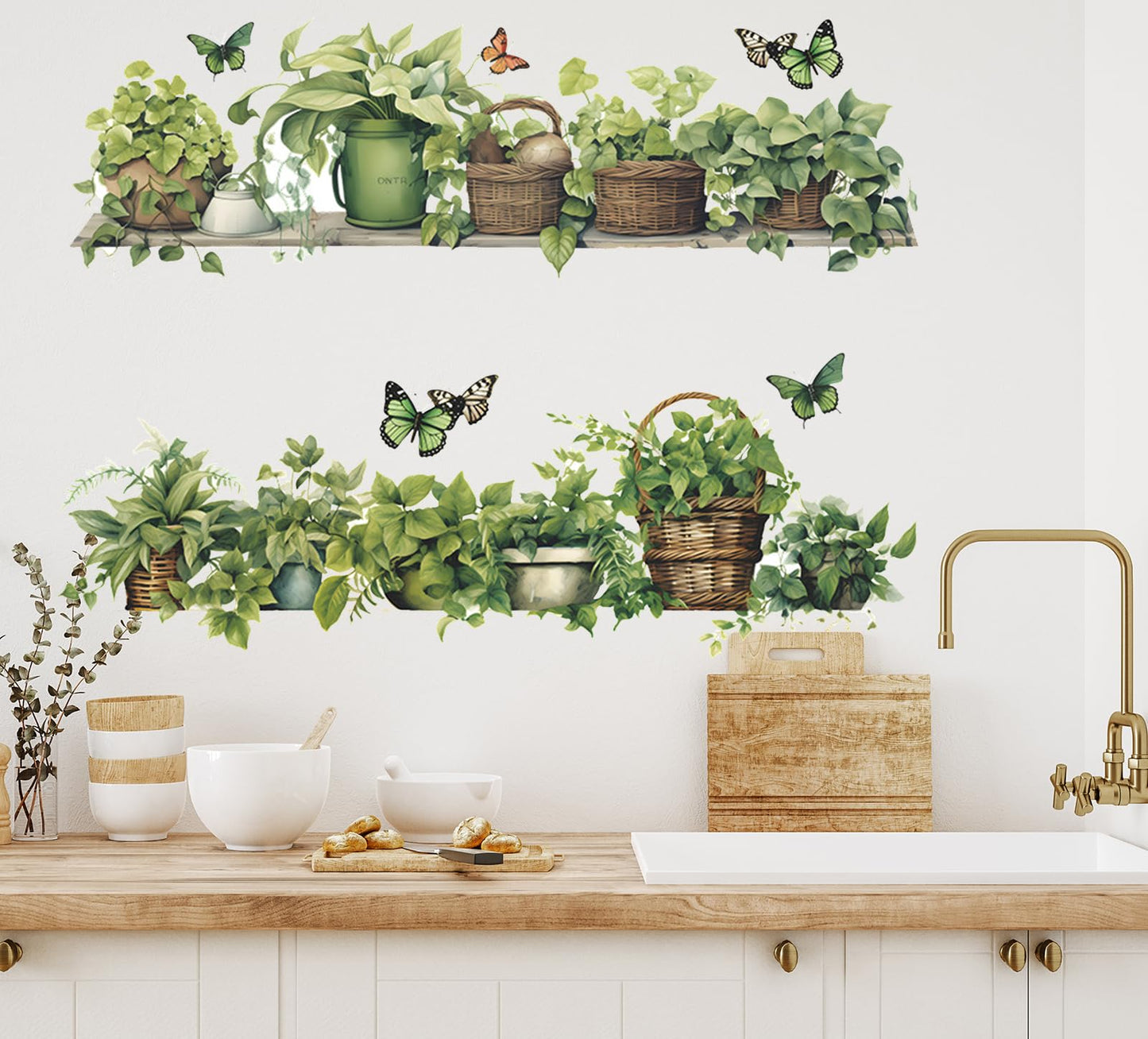 Green Plant Wall Decals 3D Bonsai Tropical Plant Betterfly Wall Sticker Creative Vinyl Peel and Stick Removable Wall Art Decor for Living Room Bedroom Home Office