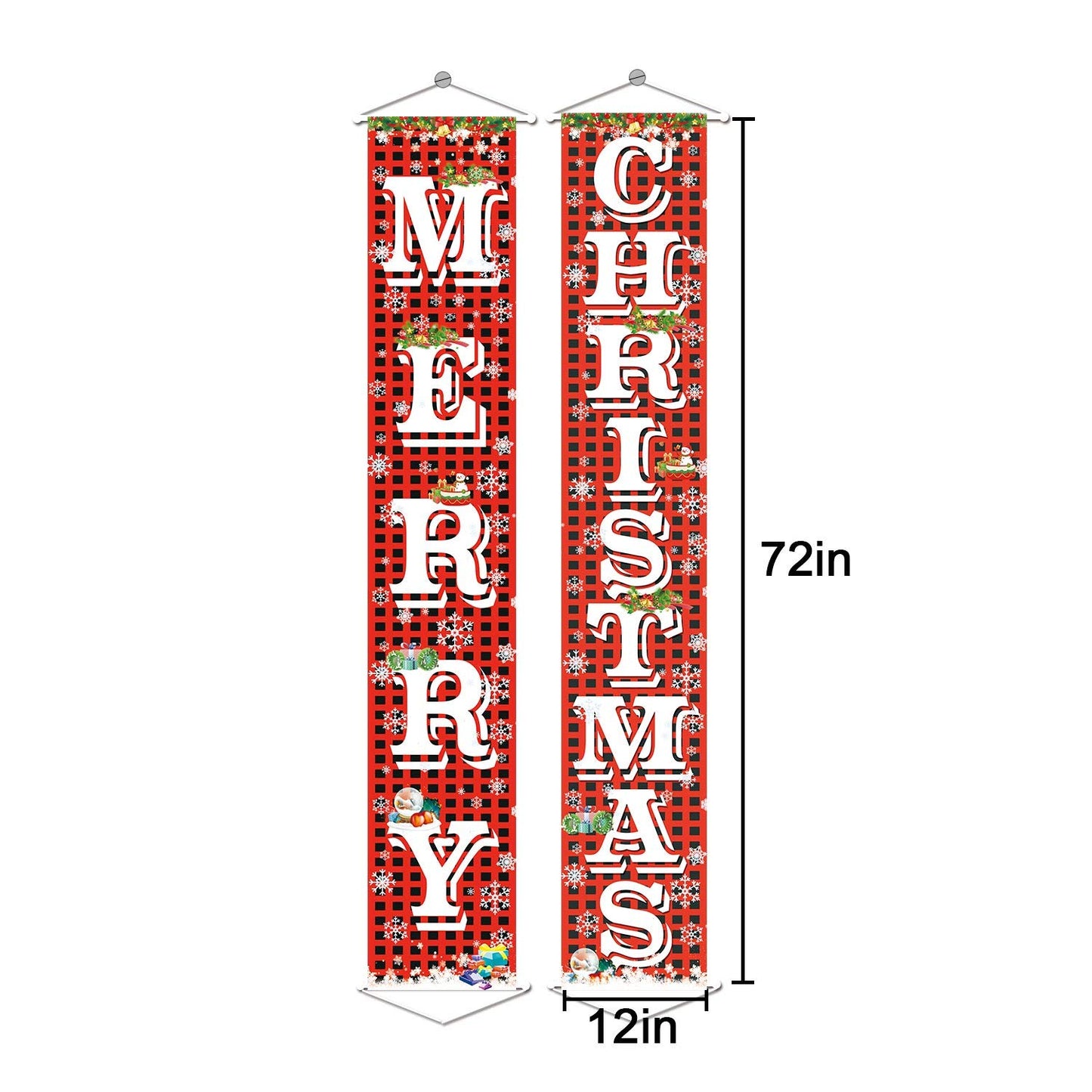 FECEDY Merry Christmas Hanging Banner Porch Sign with Pattern Christmas Tree Presents Snow Banner for Home Yard Indoor Outdoor Wall Door Christmas Party Decorations 72"x12"