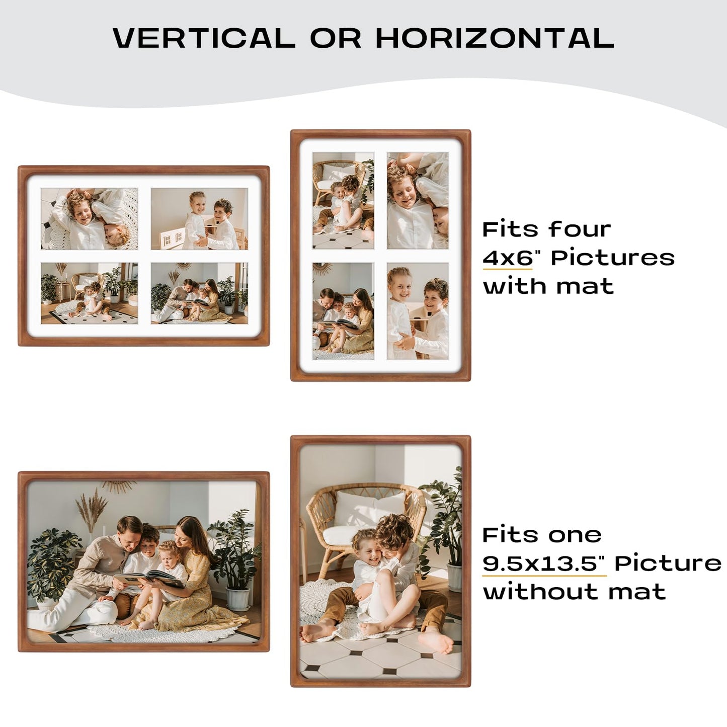 Golden State Art, 4x6 Collage Picture Frame - Solid Wood with Real Glass - Multi Picture Frame for (4) 4x6 Photos or One 9.5x13.5 Print - Rounded Corner Design - Collage Wall Decor - Brown