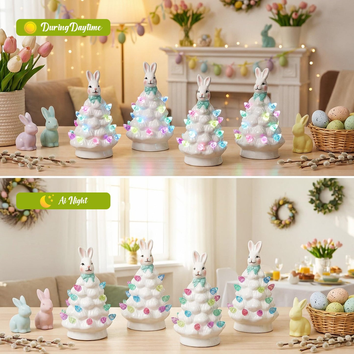 Leinuosen 6 Set Mini 4 Inch Easter Bunny Ceramic Tabletop Tree with LED Lights Easter Bunny Hanging Light up Hanging Ornaments Pre Lit Hand Painted for Table Home Office Holiday Decorations