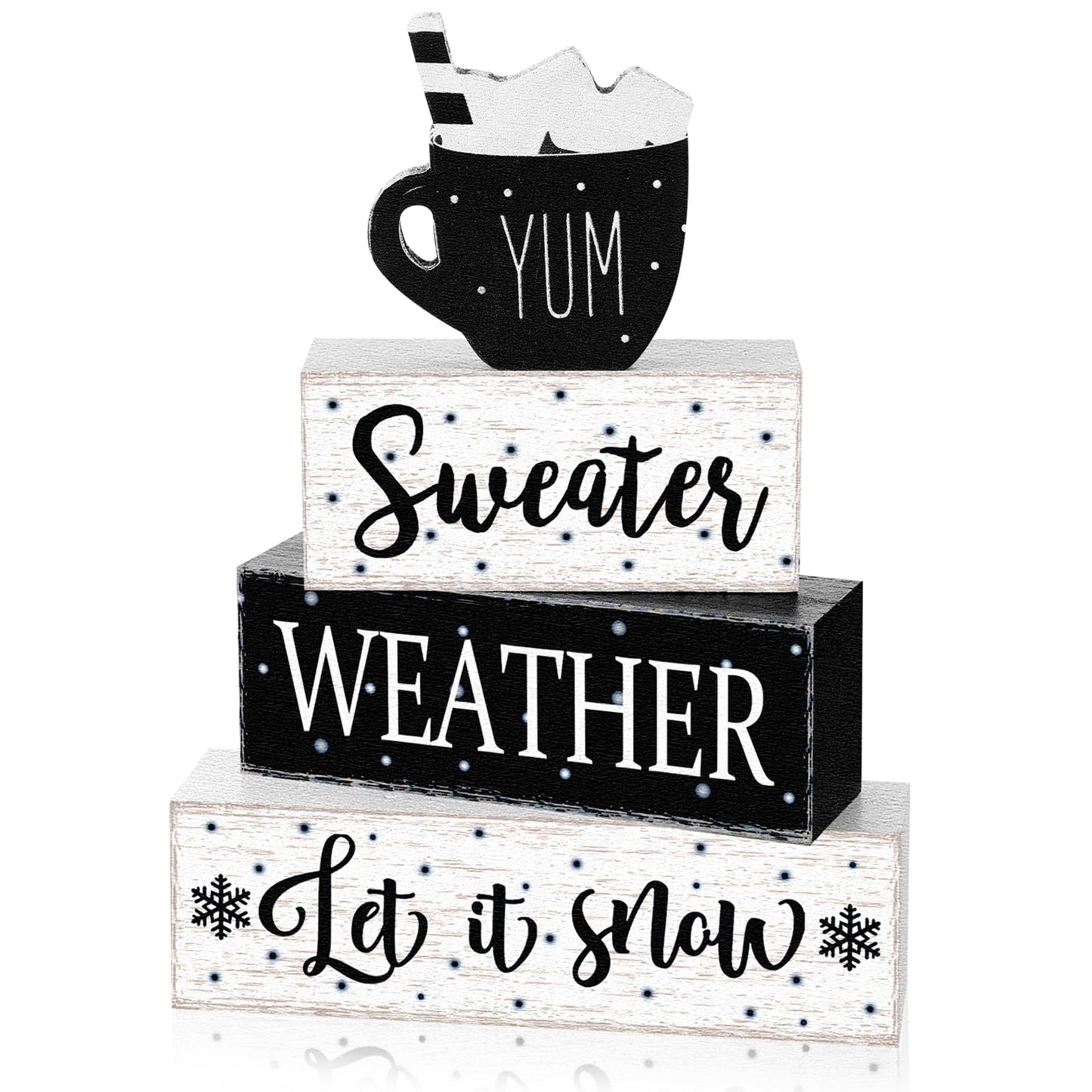 Marsui 4 Pcs Winter Wooden Tabletop Decor Rustic Hot Cocoa Block Sign Gift Farmhouse Christmas Tiered Tray Centerpiece Winter Decor for Home Office Desk Shelf Mantel