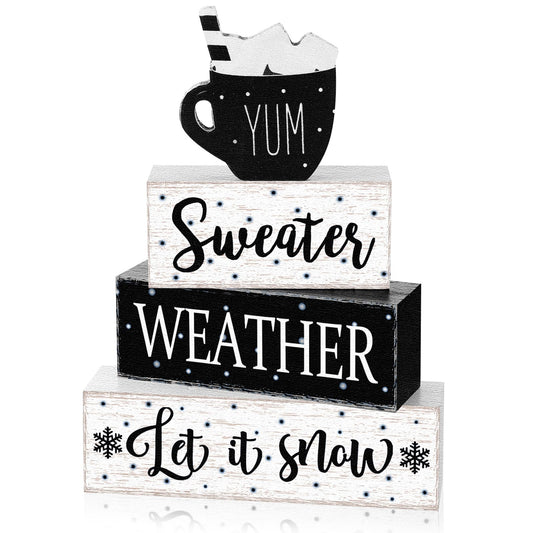 Marsui 4 Pcs Winter Wooden Tabletop Decor Rustic Hot Cocoa Block Sign Gift Farmhouse Christmas Tiered Tray Centerpiece Winter Decor for Home Office Desk Shelf Mantel