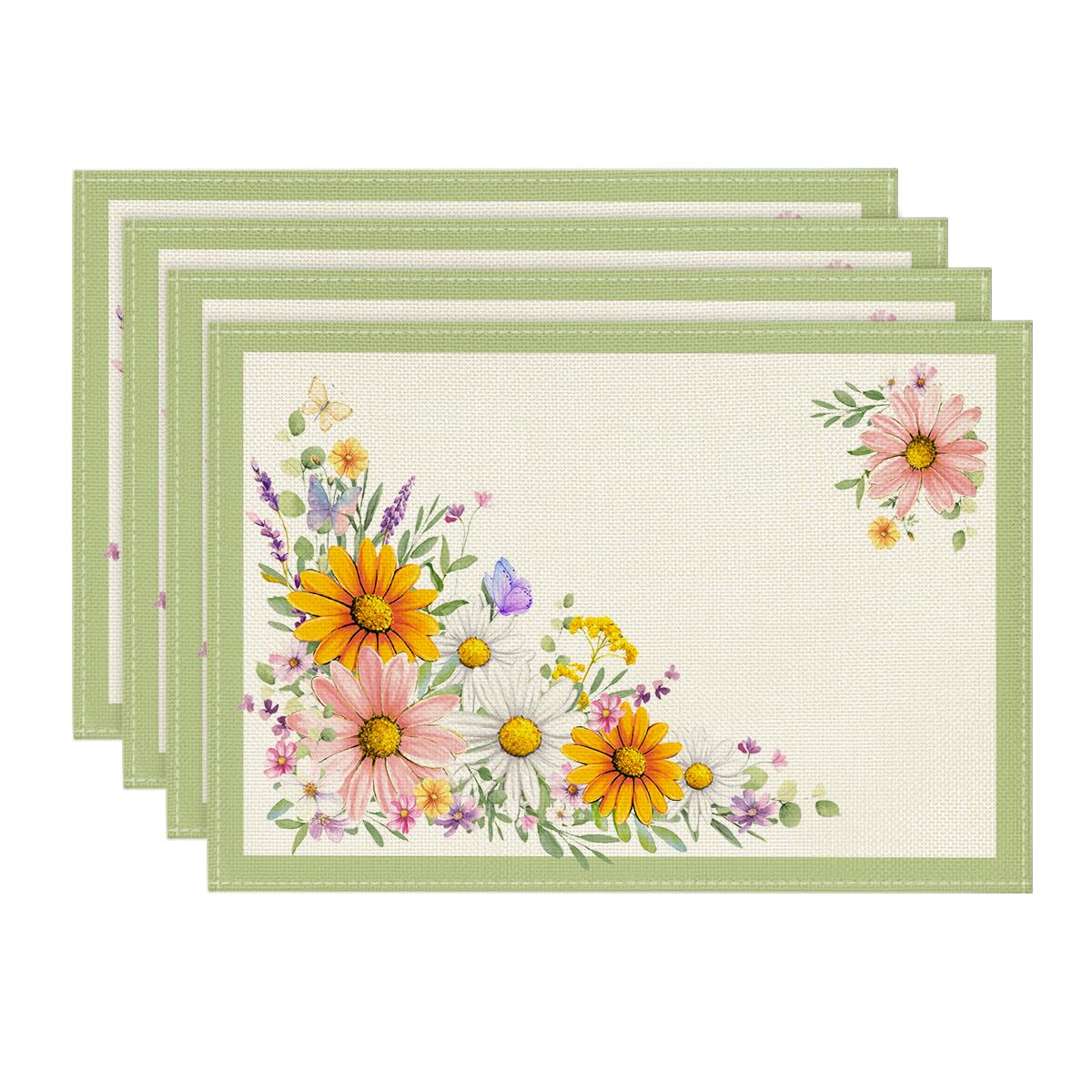 Artoid Mode Green Sunflowers Butterfly Spring Placemats Set of 4, 12x18 Inch Seasonal Summer Holiday Table Mats for Party Kitchen Dining Decoration