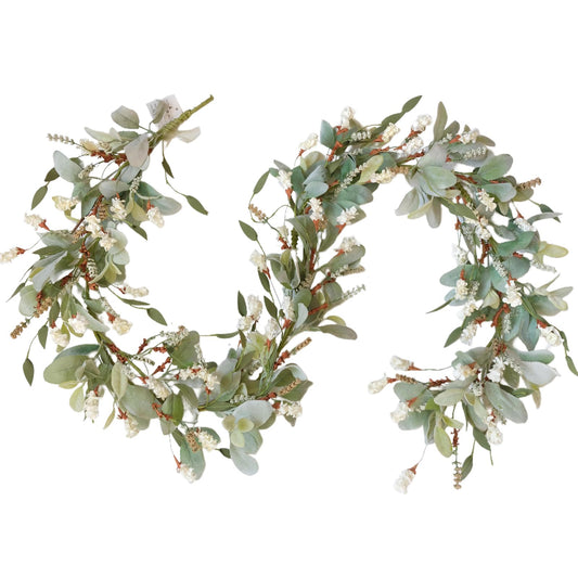 Egolot 70 Inch Lamb Ears Greenery Garland with Ivory Forsythia Flowers, Year Round Farmhouse Floral Garland for Mantel Stair Fireplace, All Seasons Indoor Outdoor Everyday Decor