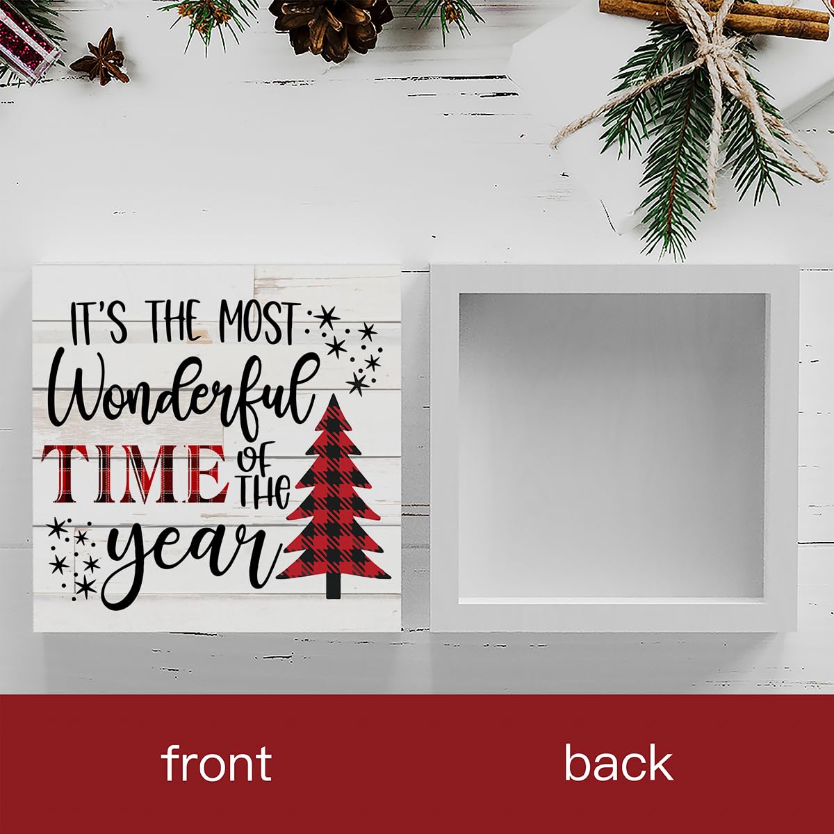 It's The Most Wonderful Time of The Year Wood Box Sign, Retro Farmhouse Christmas Santa Artwork Decor 5 x 5 Inches