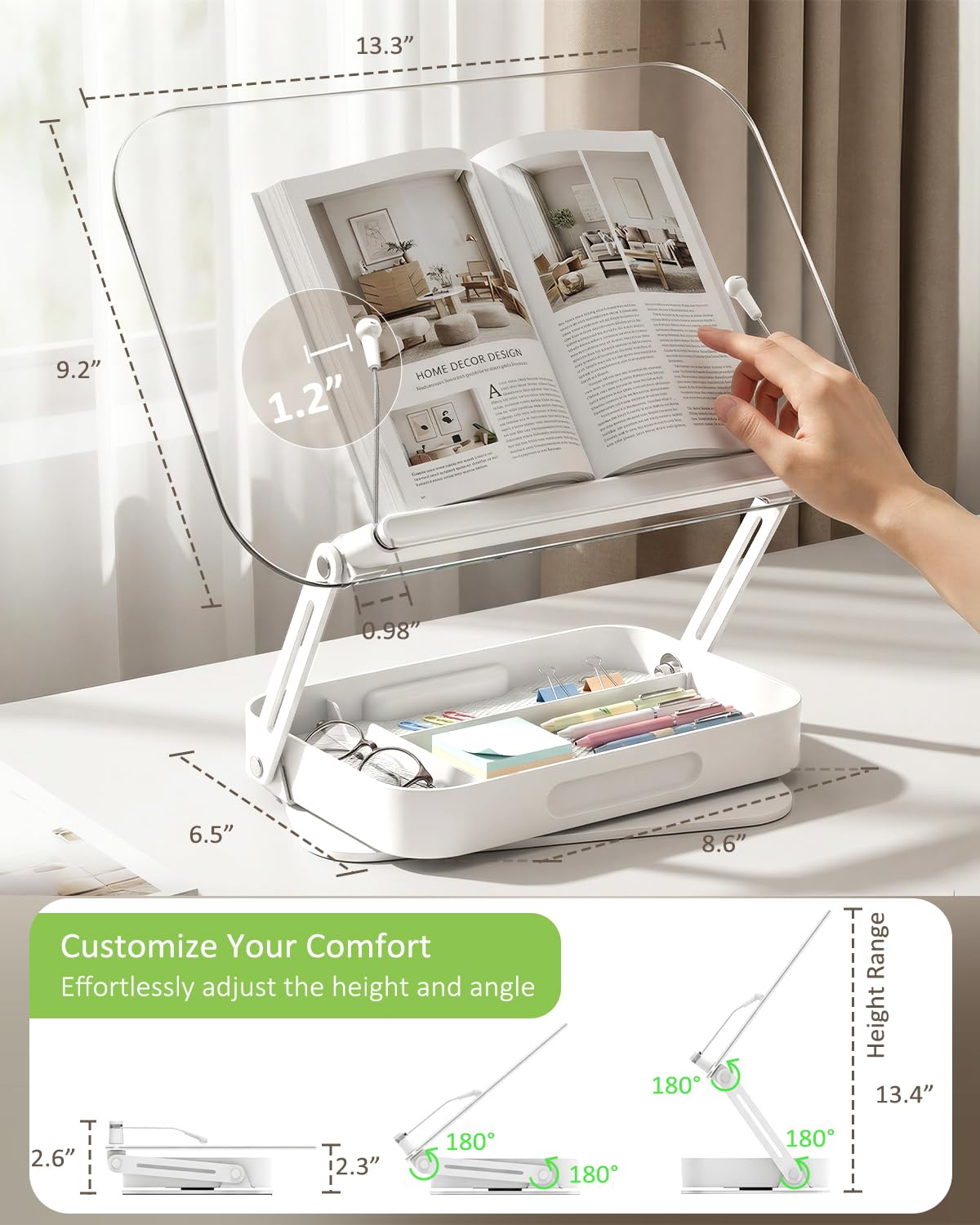 Lifcozy Book Stand for Reading, Acrylic Adjustable Book Holder with Book Page Holder, 360°Cookbook Stand with Storage for Kitchen Counter, Hands Free Recipe Book Holder for Textbook Cookbook, Clear